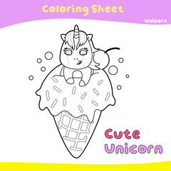 Coloring worksheet for children. Unicorn theme. Vector illustrations.