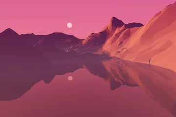 Fotobehang Fluor Roze mountain lake at sunset, low poly 3d illustration  © andreiuc88
