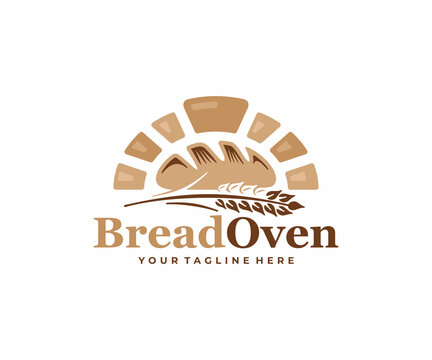 Bread oven bakery logo design. Baked bun in brick oven vector design. Wheat ear plant with stone oven logotype