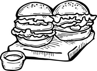 Tasty juicy hamburger for fast food lunch, outdoor picnic. Junk food sandwich with meat in cafe menu, restaurant kitchen. Hand drawn retro vintage vector illustration. Comics cartoon style drawing. 