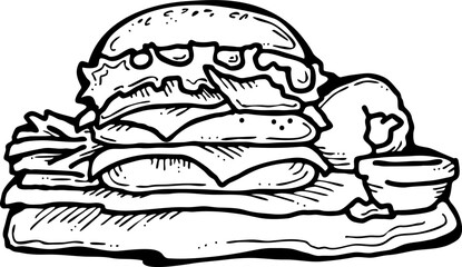 Tasty juicy hamburger for fast food lunch, outdoor picnic. Junk food sandwich with meat in cafe menu, restaurant kitchen. Hand drawn retro vintage vector illustration. Comics cartoon style drawing. 