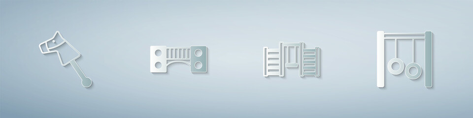 Set Toy horse, Playground kids bridge, Swedish wall and Gymnastic rings. Paper art style. Vector