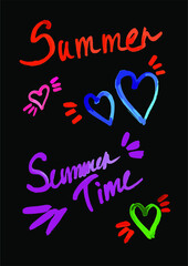 Watercolor inscriptions "Summer time", "Summer" and heart symbols with joyful splashes on the sides. Bright inscriptions on a black, white background. Marker inscriptions.