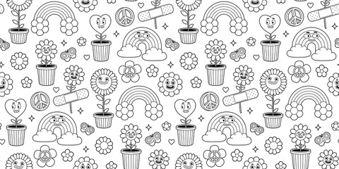 Groovy cartoon seamless pattern. Funny happy Earth, Peace, Love, rainbow, heart, flower, daisy. Vector background in trendy retro cartoon style. Hippie 60s, 70s style. Flower power.