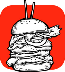 Tasty juicy hamburger for fast food lunch, outdoor picnic. Junk food sandwich with meat in cafe menu, restaurant kitchen. Hand drawn retro vintage vector illustration. Comics cartoon style drawing. 