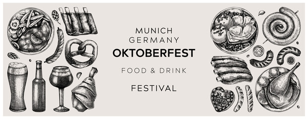  Oktoberfest background. German food sketches. Vector menu design. German cuisine banner in vintage style. Traditional Food festival illustration. Beer hand drawing