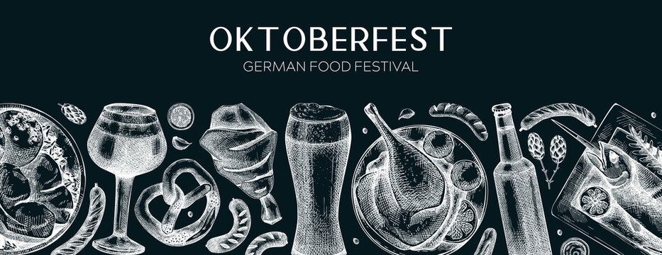  Oktoberfest background. German food on chalkboard. Vector menu design. German cuisine banner in vintage style. Traditional Food festival illustration. Beer hand drawing