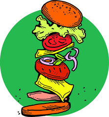 Tasty juicy hamburger for fast food lunch, outdoor picnic. Junk food sandwich with meat in cafe menu, restaurant kitchen. Hand drawn retro vintage vector illustration. Comics cartoon style drawing. 