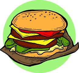 Tasty juicy hamburger for fast food lunch, outdoor picnic. Junk food sandwich with meat in cafe menu, restaurant kitchen. Hand drawn retro vintage vector illustration. Comics cartoon style drawing. 