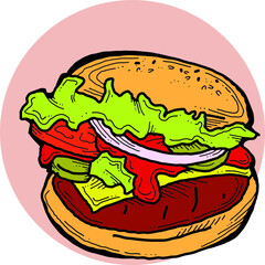 Tasty juicy hamburger for fast food lunch, outdoor picnic. Junk food sandwich with meat in cafe menu, restaurant kitchen. Hand drawn retro vintage vector illustration. Comics cartoon style drawing. 