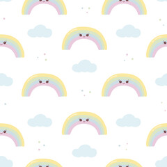 Kawaii seamless pattern with funny rainbow. Сute print for phone case, backgrounds, fashion, wrapping paper and textile. Vector Illustration