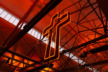 Dark MOFO 2022 winter feast hall neon cross decoration - obrazy, fototapety, plakaty