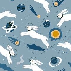 Seamless space pattern with hare. Fashionable children's wallpaper. Wallpaper for children's textiles