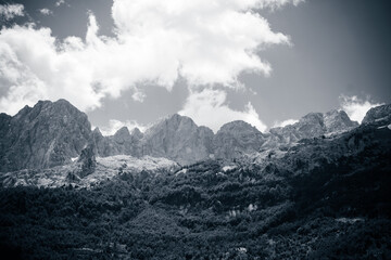 Monochrome nature view of Albanian nature. Alpin environment background, traveling concept