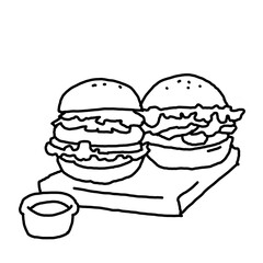 Tasty juicy hamburger for fast food lunch or outdoor picnic. Junk food sandwich with meat in cafe menu, restaurant kitchen. Hand drawn black and white illustration. Comics cartoon style line drawing. 