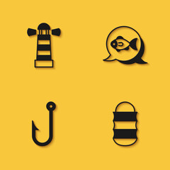 Set Lighthouse, Fishing net, hook and icon with long shadow. Vector