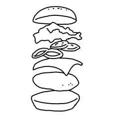 Tasty juicy hamburger for fast food lunch or outdoor picnic. Junk food sandwich with meat in cafe menu, restaurant kitchen. Hand drawn black and white illustration. Comics cartoon style line drawing. 