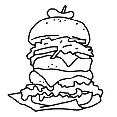 Tasty juicy hamburger for fast food lunch or outdoor picnic. Junk food sandwich with meat in cafe menu, restaurant kitchen. Hand drawn black and white illustration. Comics cartoon style line drawing. 
