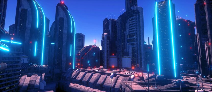 Neon city of a future. Industrial zone in a futuristic city. Wallpaper in a cyberpunk style. Grunge cityscape with bright neon lights and huge futuristic buildings. 3D illustration.