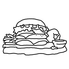 Tasty juicy hamburger for fast food lunch or outdoor picnic. Junk food sandwich with meat in cafe menu, restaurant kitchen. Hand drawn black and white illustration. Comics cartoon style line drawing. 