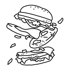 Tasty juicy hamburger for fast food lunch or outdoor picnic. Junk food sandwich with meat in cafe menu, restaurant kitchen. Hand drawn black and white illustration. Comics cartoon style line drawing. 