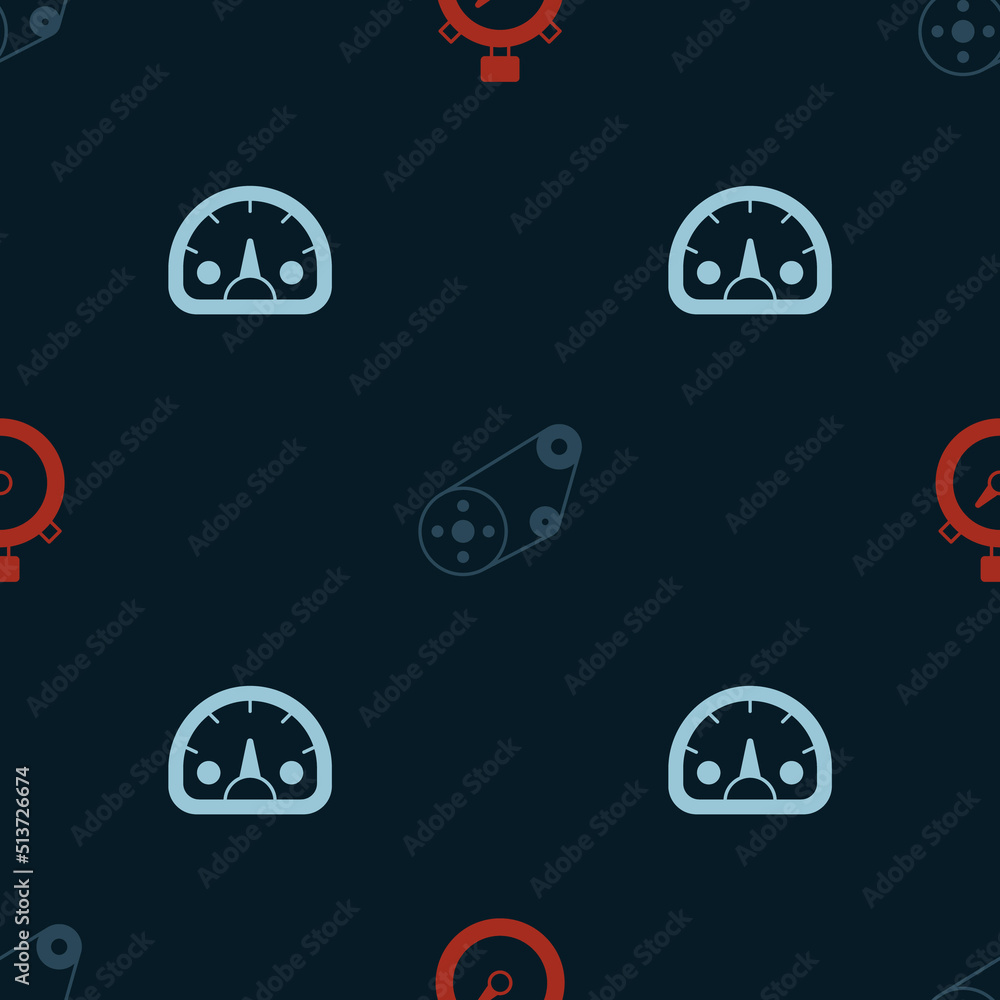 Poster set stopwatch, timing belt kit and speedometer on seamless pattern. vector