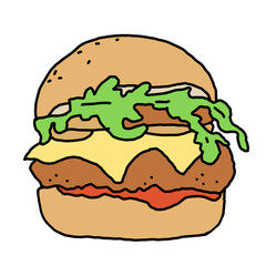 Tasty juicy hamburger for fast food lunch or outdoor picnic. Junk food sandwich with meat in cafe menu, restaurant kitchen. Hand drawn black and white illustration. Comics cartoon style line drawing. 