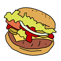 Tasty juicy hamburger for fast food lunch, outdoor picnic. Junk food sandwich with meat in cafe menu, restaurant kitchen. Hand drawn simple colourful illustration. Comic cartoon style drawing. 
