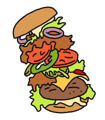 Tasty juicy hamburger for fast food lunch, outdoor picnic. Junk food sandwich with meat in cafe menu, restaurant kitchen. Hand drawn simple colourful illustration. Comic cartoon style drawing. 
