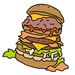 Tasty juicy hamburger for fast food lunch, outdoor picnic. Junk food sandwich with meat in cafe menu, restaurant kitchen. Hand drawn simple colourful illustration. Comic cartoon style drawing. 