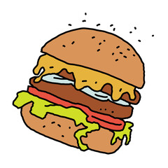 Tasty juicy hamburger for fast food lunch, outdoor picnic. Junk food sandwich with meat in cafe menu, restaurant kitchen. Hand drawn simple colourful illustration. Comic cartoon style drawing. 