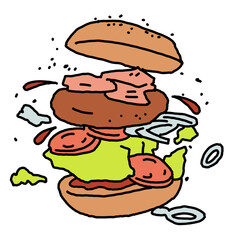 Tasty juicy hamburger for fast food lunch, outdoor picnic. Junk food sandwich with meat in cafe menu, restaurant kitchen. Hand drawn simple colourful illustration. Comic cartoon style drawing. 