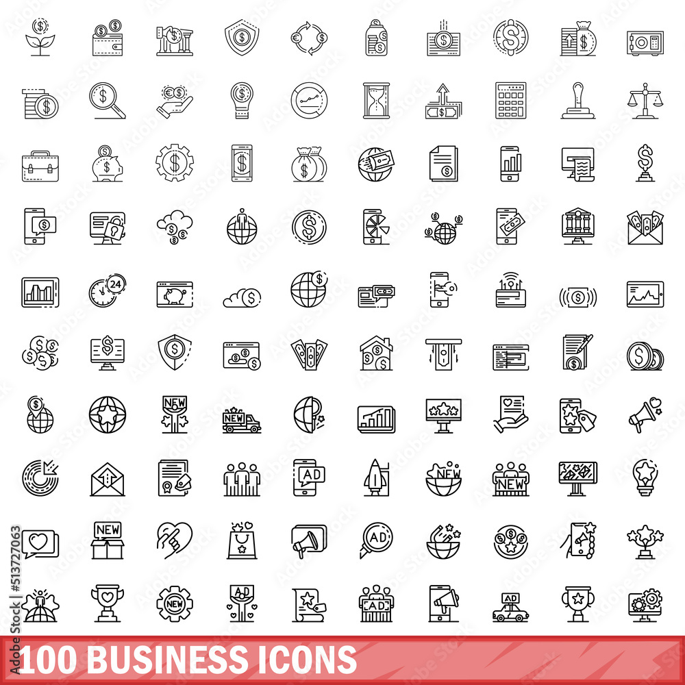 Poster 100 business icons set. outline illustration of 100 business icons vector set isolated on white back