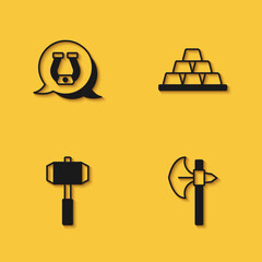 Set Horseshoe, Medieval axe, Sledgehammer and Gold bars icon with long shadow. Vector