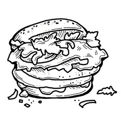 Tasty juicy hamburger for fast food lunch, outdoor picnic. Junk food sandwich with meat in cafe menu, restaurant kitchen. Hand drawn retro vintage illustration. Comics cartoon style drawing. 