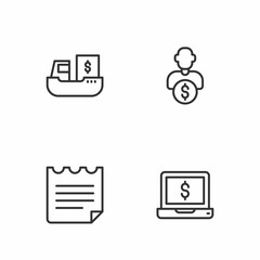 Set line Laptop with dollar, Notebook, Cargo ship boxes delivery and Business investor icon. Vector
