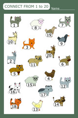 The task is to go through a maze of numbers from 1 to 20 with pets .  Educational exercises for preschool children
