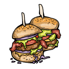 Tasty juicy hamburger for fast food lunch, outdoor picnic. Junk food sandwich with meat in cafe menu, restaurant kitchen. Hand drawn retro vintage colorful illustration. Comics cartoon style drawing. 