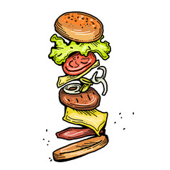 Tasty juicy hamburger for fast food lunch, outdoor picnic. Junk food sandwich with meat in cafe menu, restaurant kitchen. Hand drawn retro vintage colorful illustration. Comics cartoon style drawing. 
