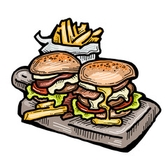 Tasty juicy hamburger for fast food lunch, outdoor picnic. Junk food sandwich with meat in cafe menu, restaurant kitchen. Hand drawn retro vintage colorful illustration. Comics cartoon style drawing. 