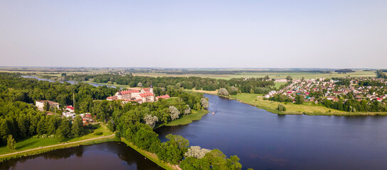 Fototapeta na wymiar Aerial view of Nesvizh Castle, Belarus. Medieval castle and palace. Restored medieval fortress. Heritage concepts.