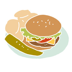 Tasty juicy hamburger for fast food lunch or outdoor picnic. Junk food sandwich with meat in cafe menu or restaurant kitchen. Silhouette colorful illustration. Comics cartoon style drawing. 