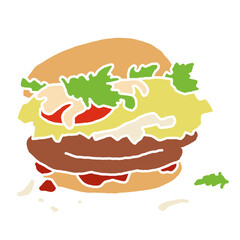 Tasty juicy hamburger for fast food lunch or outdoor picnic. Junk food sandwich with meat in cafe menu or restaurant kitchen. Silhouette colorful illustration. Comics cartoon style drawing. 