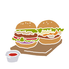 Tasty juicy hamburger for fast food lunch or outdoor picnic. Junk food sandwich with meat in cafe menu or restaurant kitchen. Silhouette colorful illustration. Comics cartoon style drawing. 