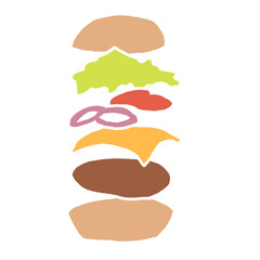 Tasty juicy hamburger for fast food lunch or outdoor picnic. Junk food sandwich with meat in cafe menu or restaurant kitchen. Silhouette colorful illustration. Comics cartoon style drawing. 