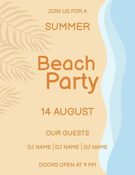 Beach party poster template. Top view on beach sand, palm leaves and sea waves. Template for banner, flyer, invitation and poster.