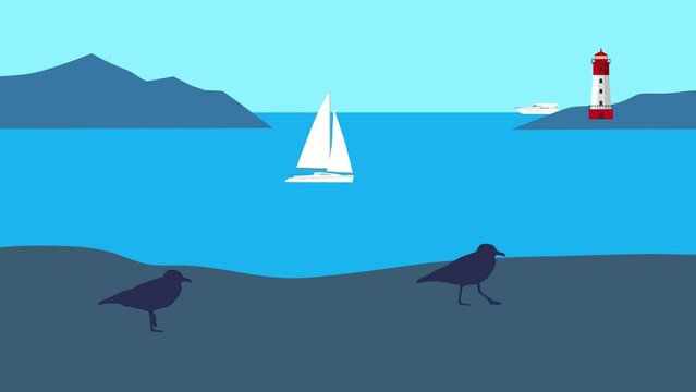 Seascape with a lighthouse, walking seagulls, jumping dolphin and boats in the sea (animation, seamless loop)