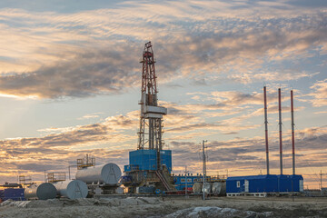 General view of a drilling rig for drilling wells at an oil and gas field in the Arctic region....