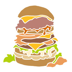 Tasty juicy hamburger for fast food lunch or outdoor picnic. Junk food sandwich with meat in cafe menu or restaurant kitchen. Silhouette colorful illustration. Comics cartoon style drawing. 