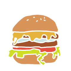 Tasty juicy hamburger for fast food lunch or outdoor picnic. Junk food sandwich with meat in cafe menu or restaurant kitchen. Silhouette colorful illustration. Comics cartoon style drawing. 